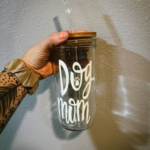 24oz Glass Mason Jar cup with bamboo lid and glass straw.